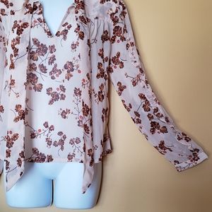Lucky Brand Fall ruffle-sleeve semi-sheer floral tie-neck top size XS LIKE NEW